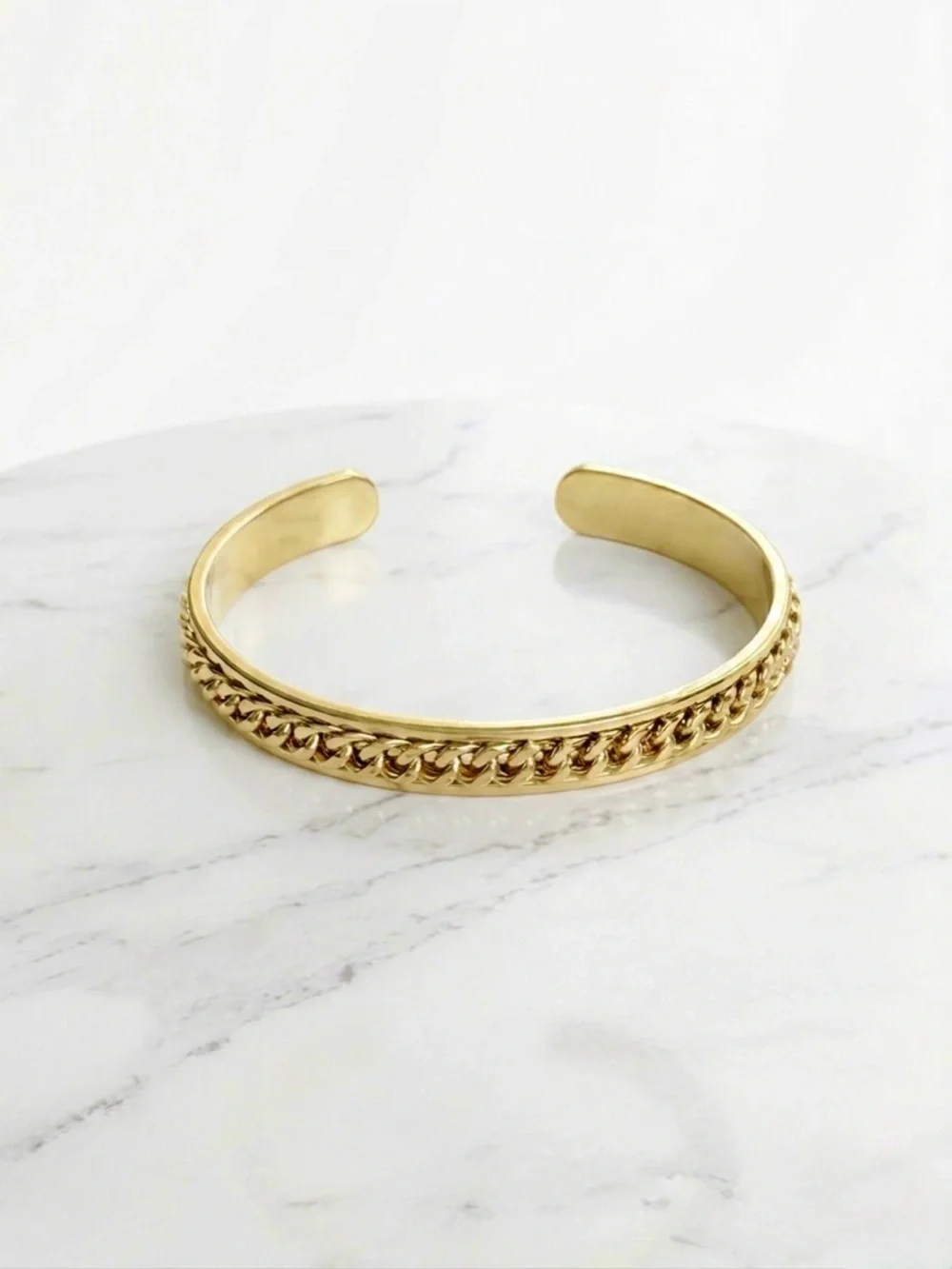 14K Gold Plated Cuff Bracelet with Cuban Link Detail | Minimalist Gold Bangle